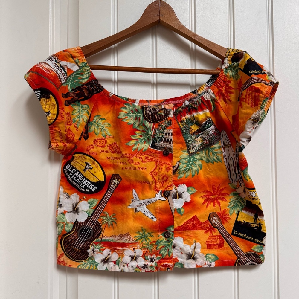 Hawaiian Handmade Orange Cropped Tropical Vacation Print Blouse. Fits like a S